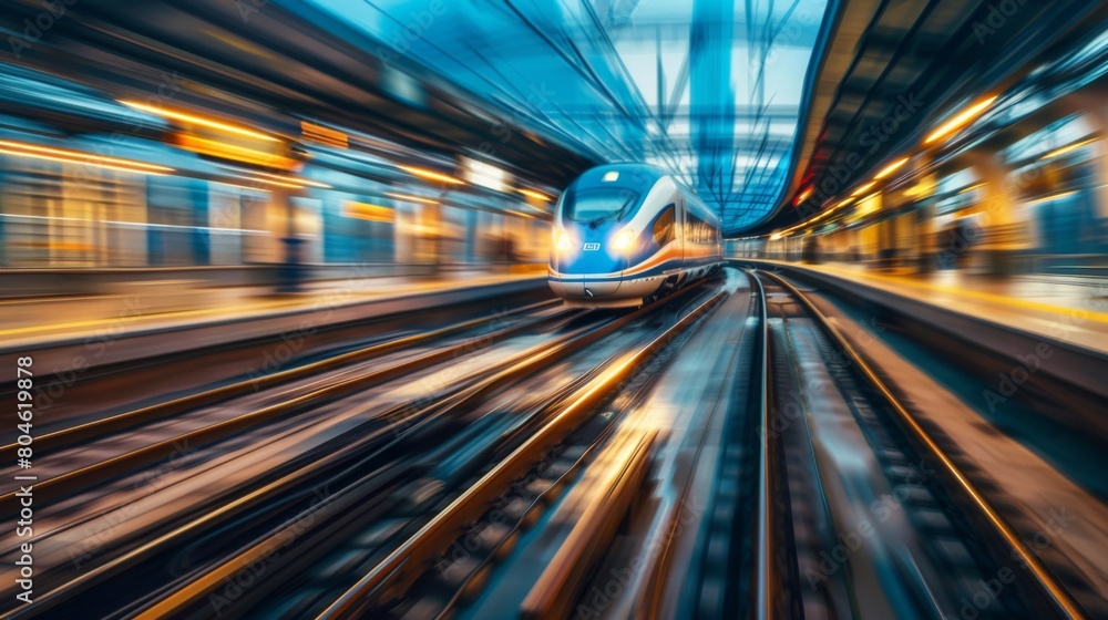 Abstract shot of a high-speed train departing, leaving a trail of speed and excitement. Abstract shot of a high-speed train departing, leaving a trail of speed and excitement.