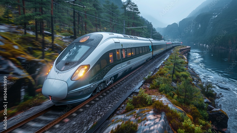 A high-speed train zooming through a scenic countryside, dynamic and modern, with left side text space for YouTube thumbnails.