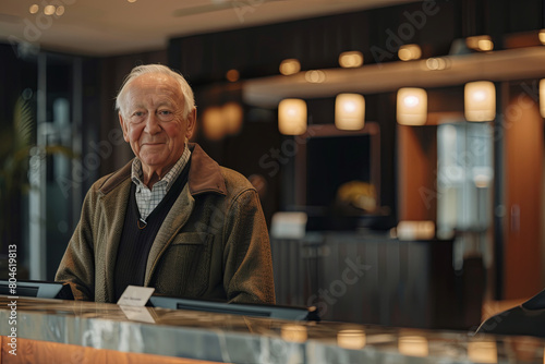 Senior gentleman approaching the front desk of a hotel, eager to embark on his travel journey, greeted by the warm and welcoming demeanor of the staff photo
