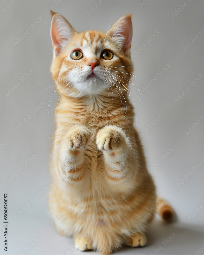 A small European Shorthair cat in orange and white, sitting on hind legs A small European Shorthair cat in orange and white, sitting on hind legs