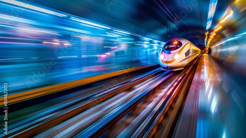 Abstract shot of a high-speed train departing, leaving a trail of speed and excitement."