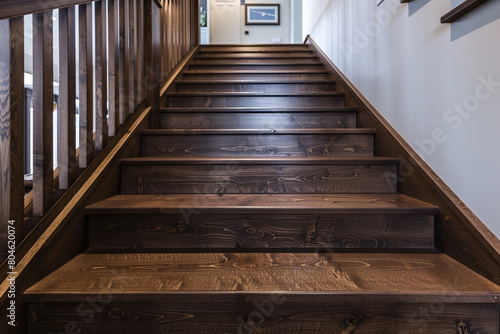 Dark brown stairs with a modern wooden handrail  cozy and inviting home style.