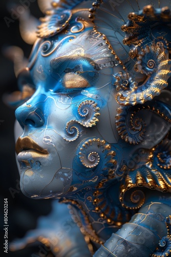 Close-Up of Elaborate Blue and Gold Fantasy Mask Featuring Intricate Swirls and Textual Detail