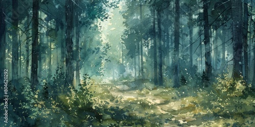 Rustic Forest Landscape in Watercolor Generative AI © Alexander