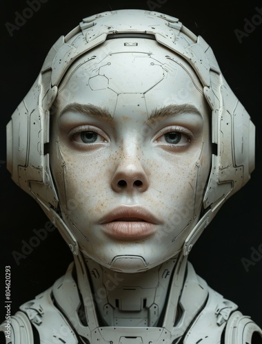Futuristic portrait of a humanoid android with realistic features and high-tech headgear. White with black background. 