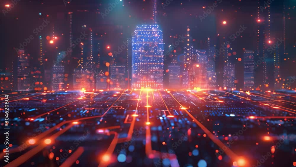 Luminous urban skyline with neon circuitry, evoking a high-tech metropolis. Luminous urban skyline with neon circuitry, evoking a high-tech metropolis.
