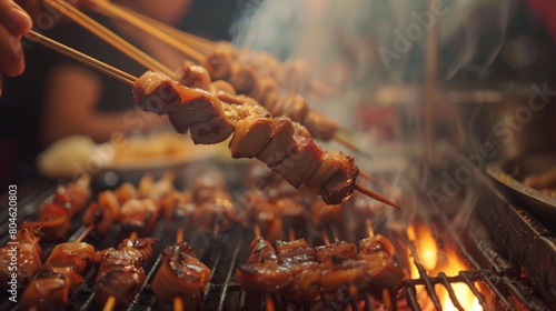 An Asian street food vendor expertly grilling triple-layer pork belly skewers, a culinary spectacle.