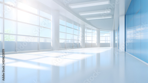 Panoramic windows in a large office building,White Architectural Space 3d Interior Decoration Background © kin