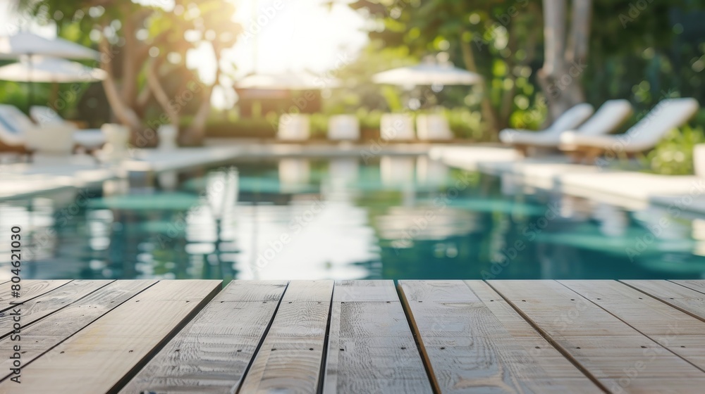 Luxurious summer poolside setting with wooden deck and tranquil blue water under bright sunlight. Luxurious summer poolside setting with wooden deck and tranquil blue water under bright sunlight.