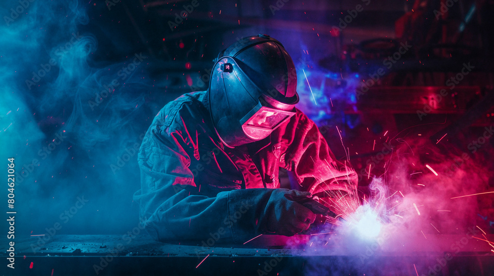 A welder works at a factory. Sparks from welding in neon lights A welder works at a factory. Sparks from welding in neon lights