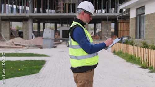 Professional engineer inspector conducts quality control assessment at construction site using digital tablet with stylus, comparing building drawings with the process of constructing  new complex.
