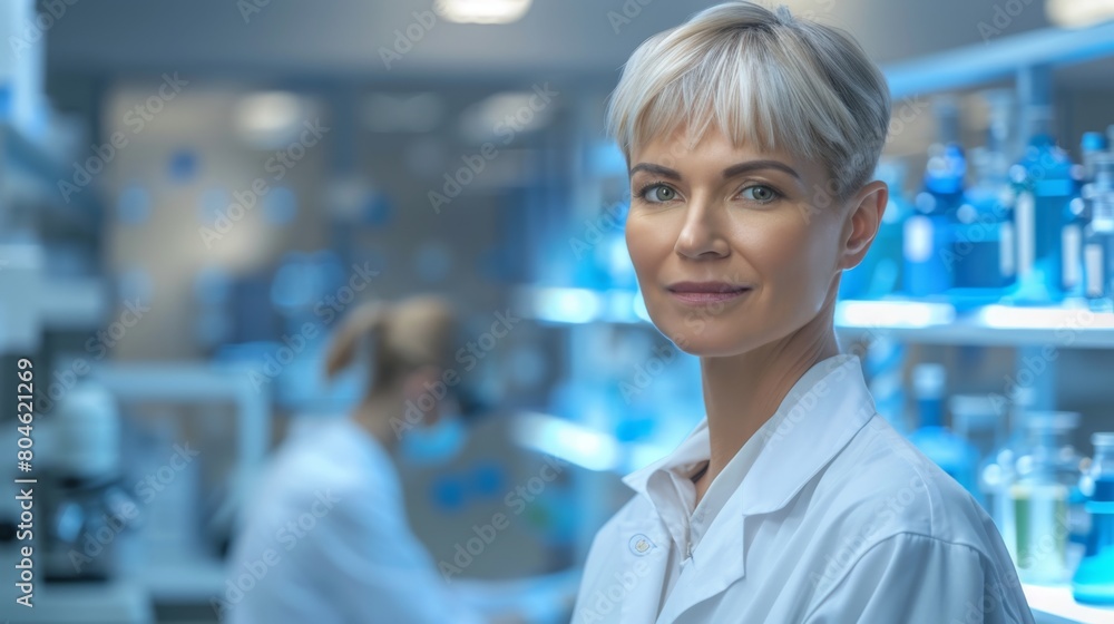 Experienced Female Scientist in Lab Coat Working in Modern Laboratory Setting Experienced Female Scientist in Lab Coat Working in Modern Laboratory Setting