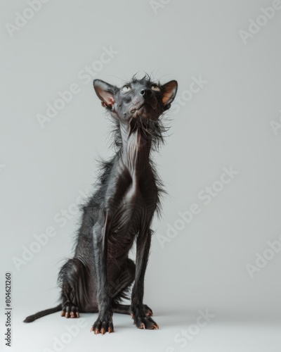 Hairless cat perched elegantly on a white surface photo