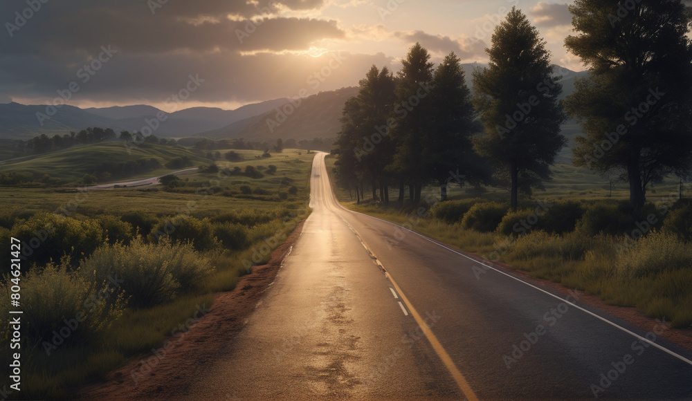 The landscape of the road stretching into the distance. The American highway. The wilderness, a rural country road. The empty road of dreams. Summer forest background landscape