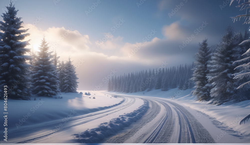 The landscape of the road stretching into the distance. The American highway. The wilderness, a rural country road. The empty road of dreams. Winter snow background landscape