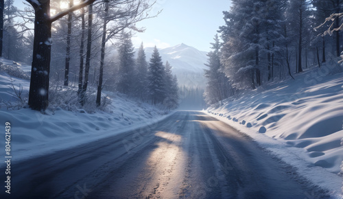The landscape of the road stretching into the distance. The American highway. The wilderness, a rural country road. The empty road of dreams. Winter snow background landscape