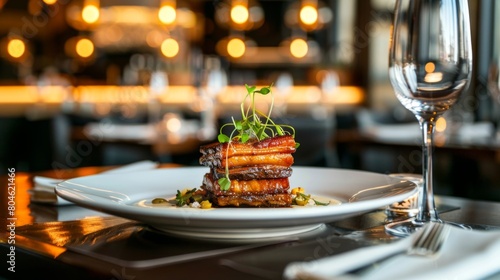 An elegant restaurant setting with a plate of triple-layer pork belly  representing culinary excellence. 