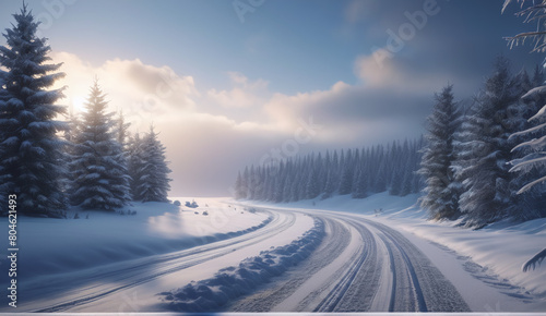The landscape of the road stretching into the distance. The American highway. The wilderness, a rural country road. The empty road of dreams. Winter snow background landscape © Michael