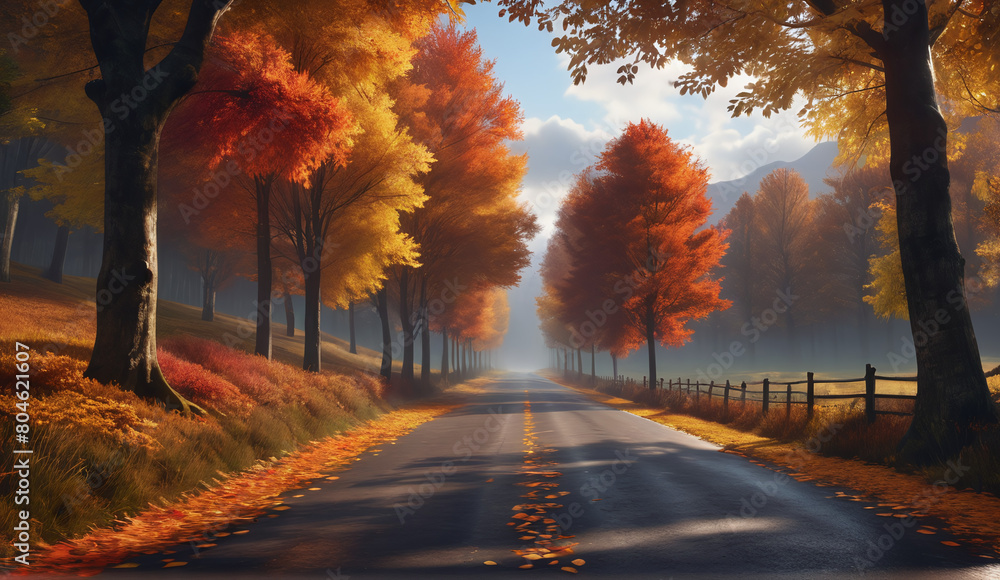 The landscape of the road stretching into the distance. The American highway. The wilderness, a rural country road. The empty road of dreams. Autumn background landscape emptiness