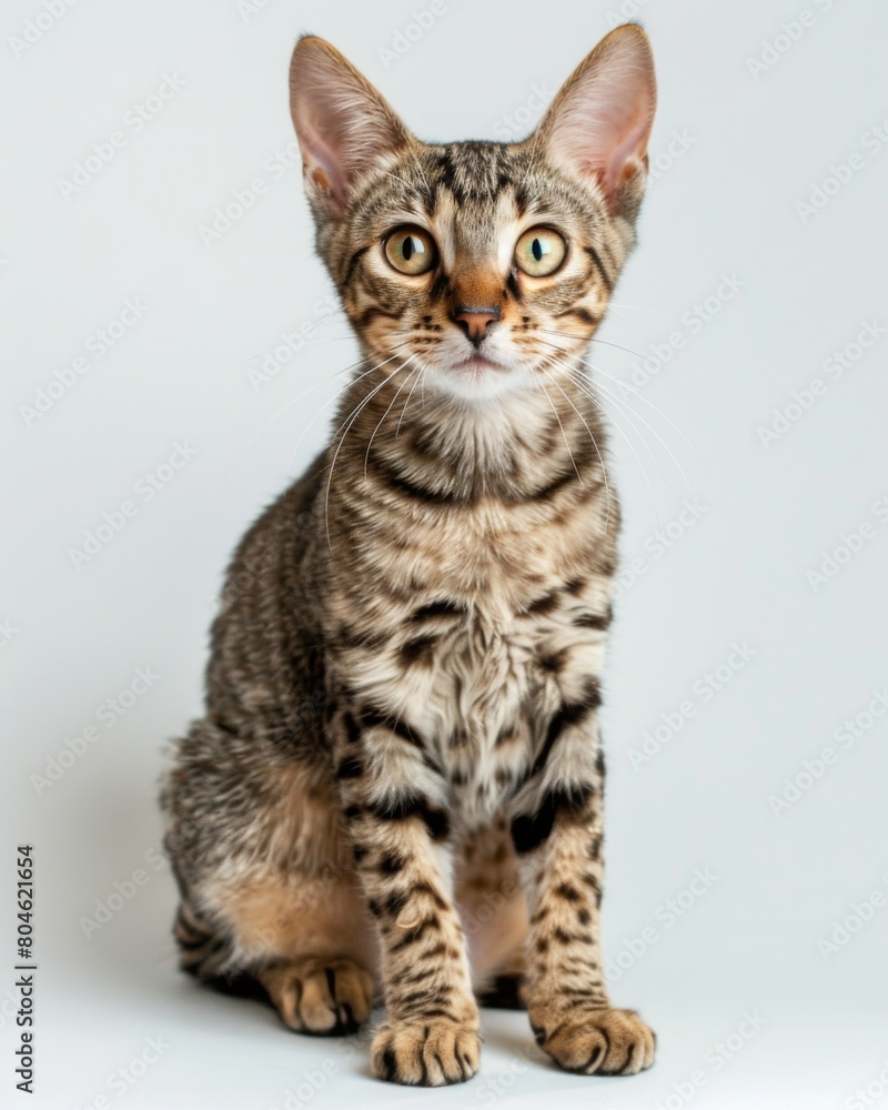 A small Ocicat cat sitting elegantly on top of a pristine white floor, gazing enchantingly at the viewer A small Ocicat cat sitting elegantly on top of a pristine white floor, gazing enchantingly at the viewer