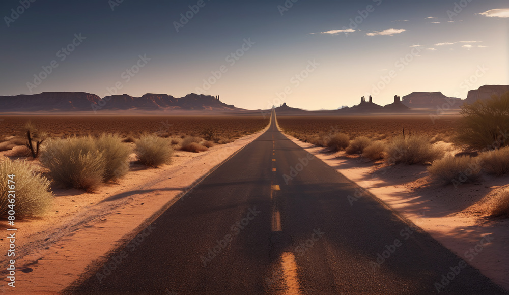 The landscape of the road stretching into the distance. The American highway. The wilderness, a rural country road. The empty road of dreams.  Desert background landscape emptiness