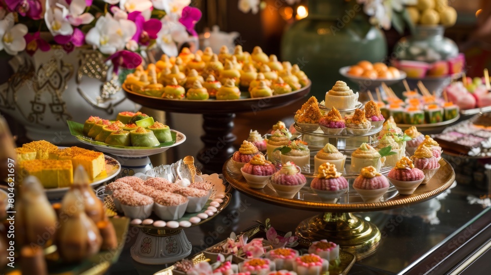 An elegant Thai dessert buffet featuring a variety of 'Khanom Wan' delicacies, perfect for special occasions.