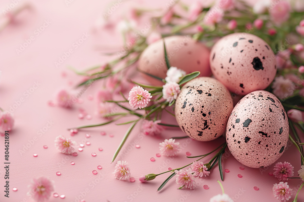 Pink wallpaper with pink painted eggs and a pink background. With free space for text. Pink wallpaper with pink painted eggs and a pink background. With free space for text.