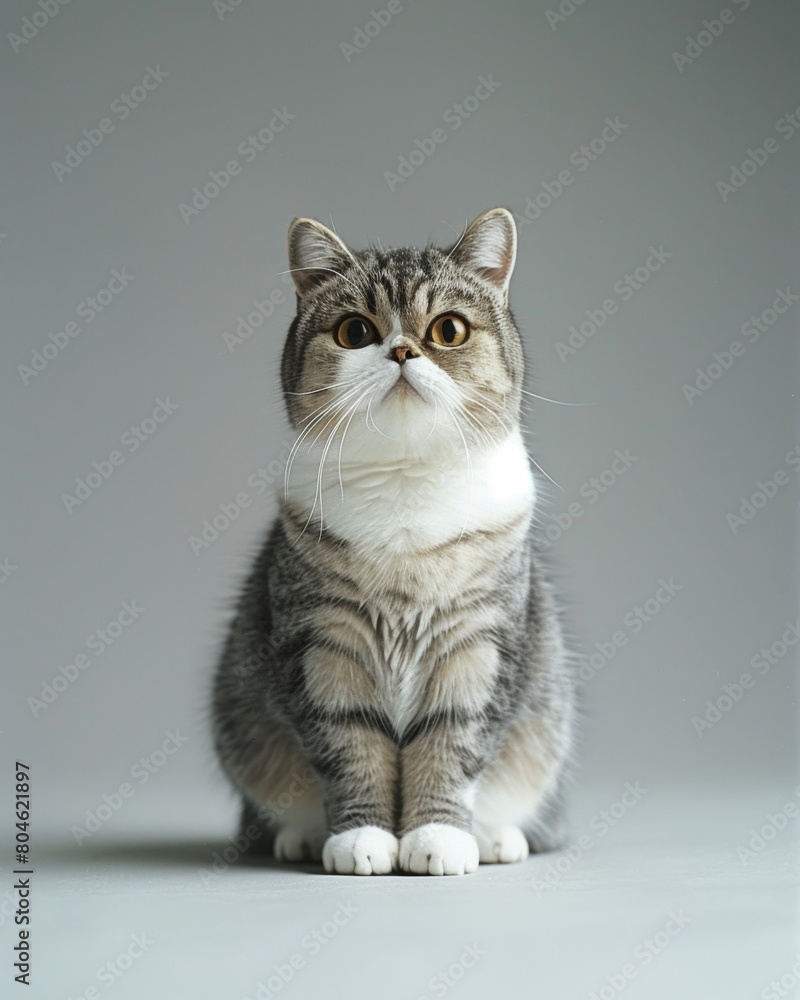 Gray and white Pixiebob cat sitting on top of a white floor