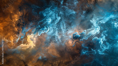 Electric blue smoke forms soft clouds above a rich brown background.