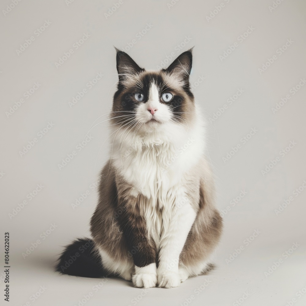 Ragdoll cat elegantly sitting on white backdrop Ragdoll cat elegantly sitting on white backdrop