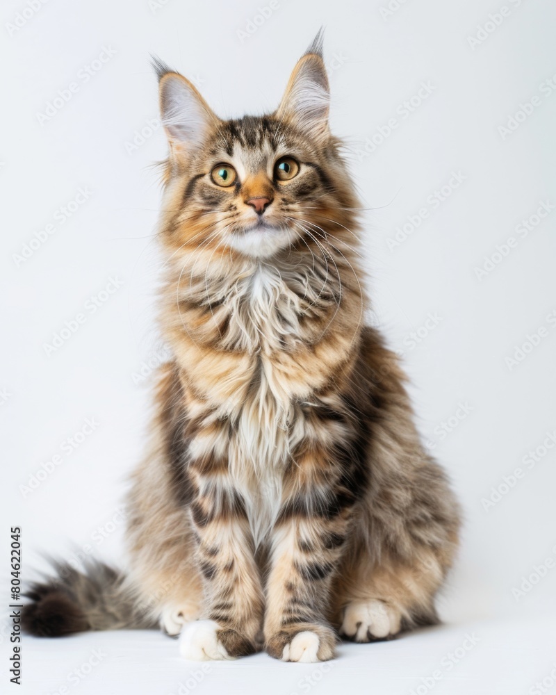A Sam Sawet cat with flowing fur sits serenely on a white background