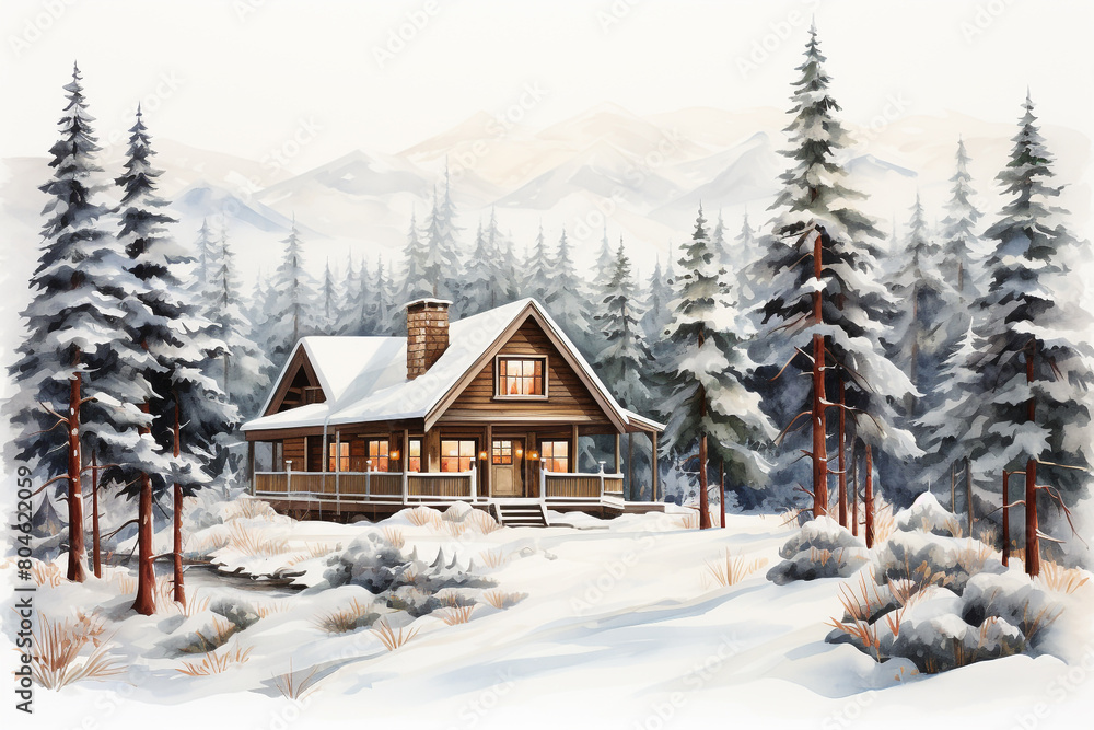 A cozy cabin nestled among towering pine trees in a snowy wilderness, isolated on solid white background.