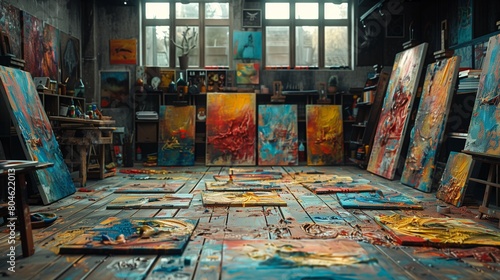 An artist's studio with scattered paint and canvases, capturing creativity, ideal for a YouTube thumbnail with left text space.
