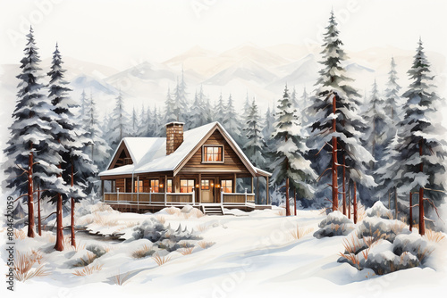 A cozy cabin nestled among towering pine trees in a snowy wilderness  isolated on solid white background.