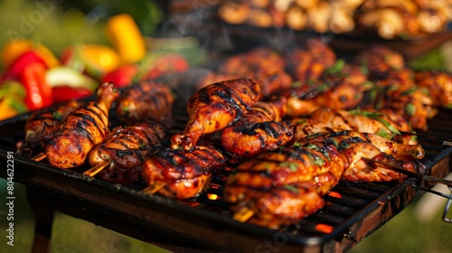An outdoor barbecue party with a variety of grilled chicken cuts  catering to diverse palates and preferences. 