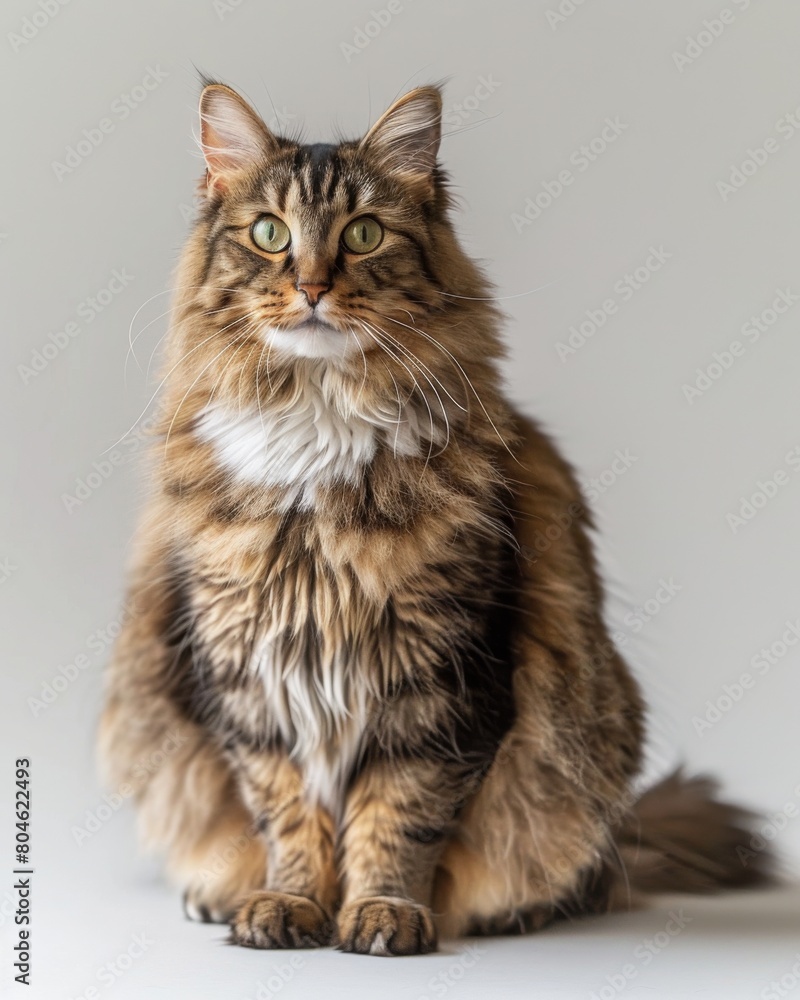 Long-haired Siberian cat elegantly seated on a white surface