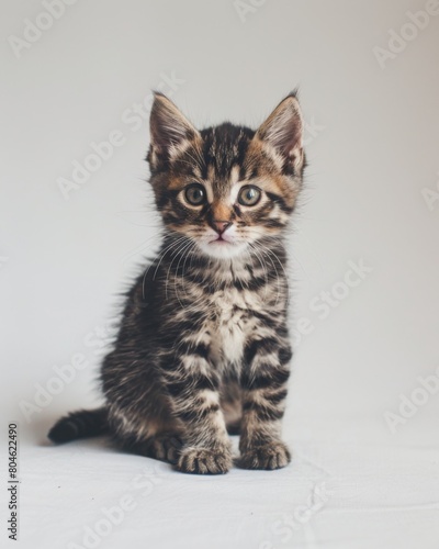 Adorable small kitten sitting elegantly on a pristine white surface