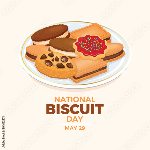 National Biscuit Day poster vector illustration. Cookies on a plate icon vector. Shortbread cookie drawing. Template for background, banner, card. May 29 every year. Important day