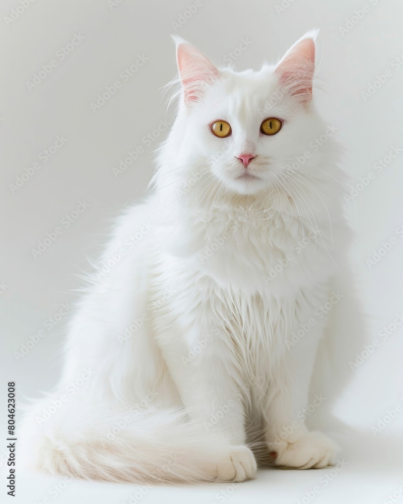 A Turkish Angora cat with captivating yellow eyes sits gracefully, emanating an ethereal presence