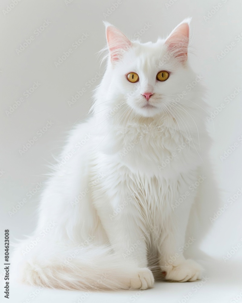 A Turkish Angora cat with captivating yellow eyes sits gracefully, emanating an ethereal presence A Turkish Angora cat with captivating yellow eyes sits gracefully, emanating an ethereal presence