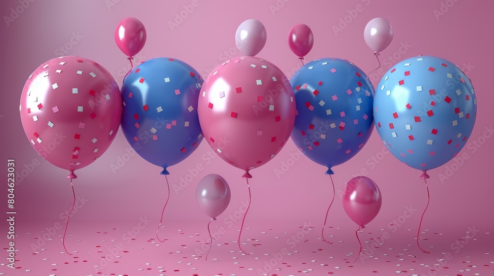 Vibrant colored balloons and confetti filling the air on a pink background Vibrant colored balloons and confetti filling the air on a pink background