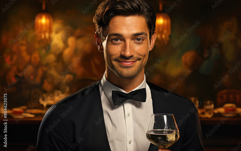 generated illustration  waiter with glass of wine.