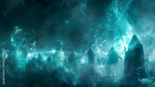 Enigmatic Wizards Enacting Spells in the Shadows of the Night. Concept Enigmatic Wizards, Spellcasting, Shadows, Nighttime, Fantasy Art photo
