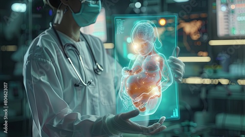 A doctor examines a 3D ultrasound scan of a fetus. photo