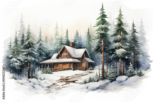 A cozy cabin nestled among towering pine trees in a snowy wilderness, isolated on solid white background.