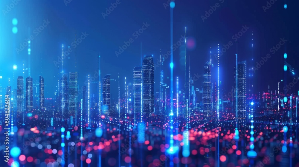 Big data connection technology. Cityscape telecommunication and communication network concept.