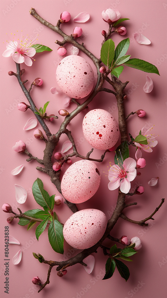 Beautiful background for Easter with pink eggs, pink branches and a pink background. Beautiful background for Easter with pink eggs, pink branches and a pink background.