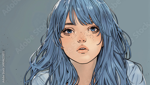 illustration of a young woman with blue hair without showing any expression