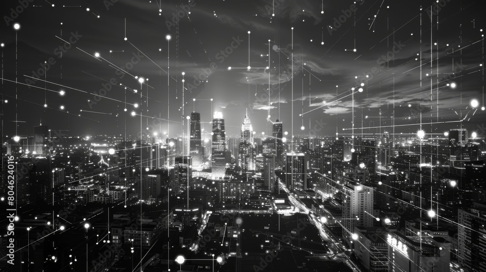 Black and white smart city with data communication flow network, communication technology concept