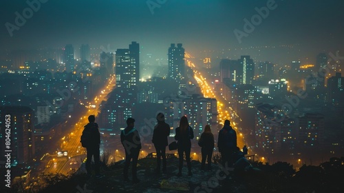 People silhouetted against city lights from a vantage point at night
